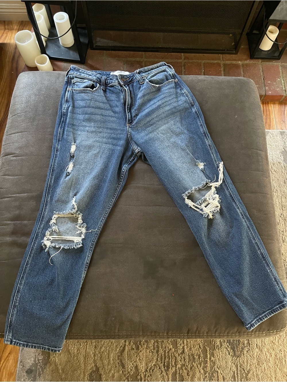 Hollister Distressed Dark Blue Straight Leg Jeans